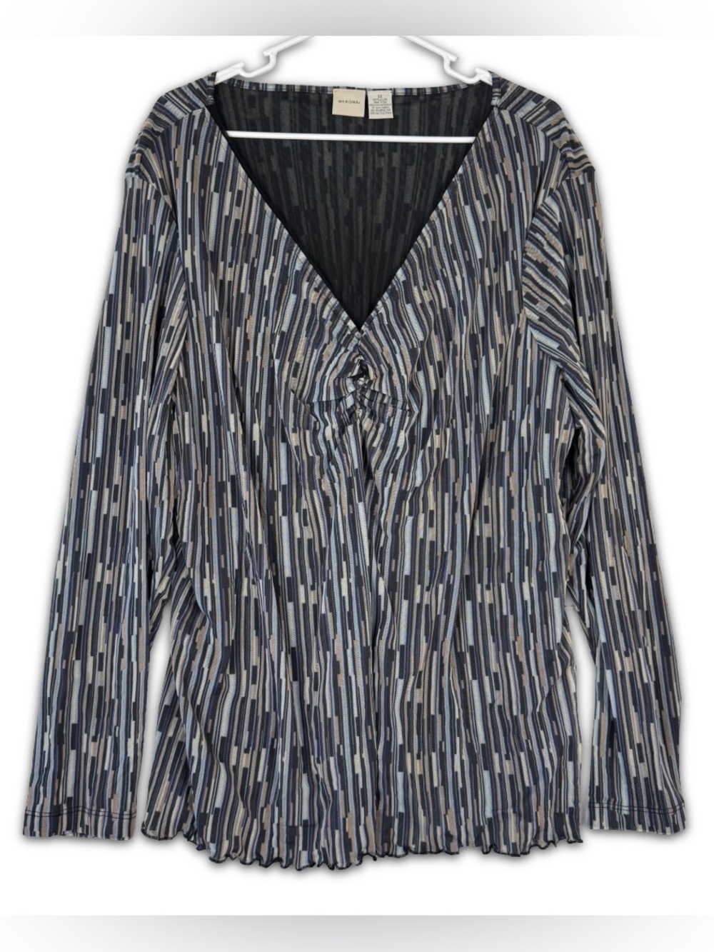 Merona Top Womens Plus Size 3X Blue Tan Black Long Sleeve V Neck Stretch NWT